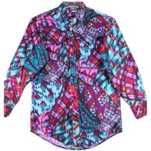 Rough Rider Mens Vintage S Long Sleeve Button Shirt Western Aztec Geometric